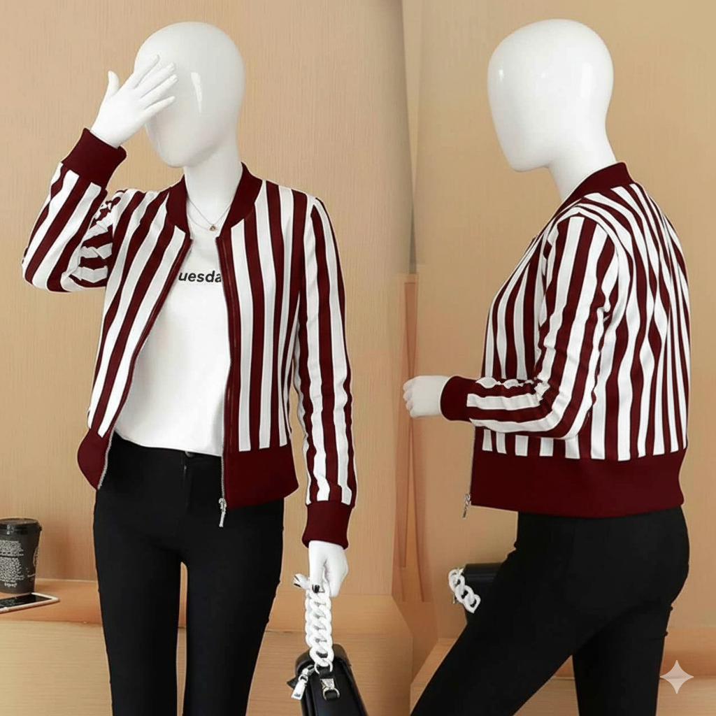 Korean Stripe Style Printed Winter Zipper Jacket.