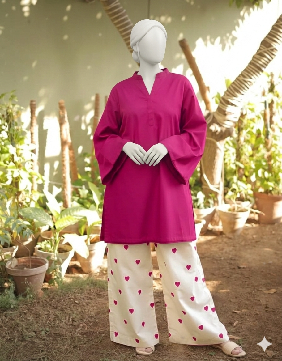 Heart Printed Flapper With V-Neck Short Style Shirt 2-Pcs Stitch Suit.