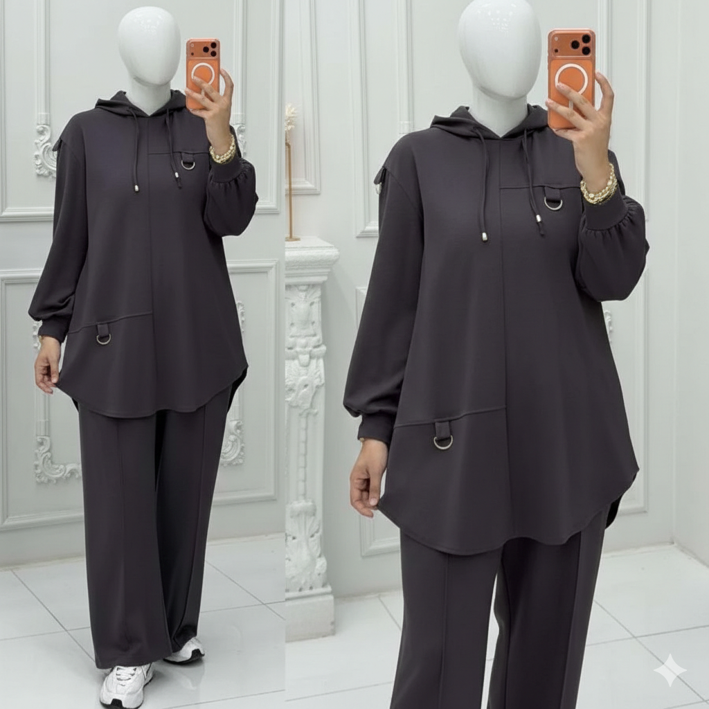 High-Low Round-Hem Patch Hooded Style 2-Pcs Winter Suit. WWTS-58