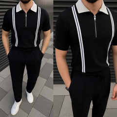 Short-Sleeve Polo Shirt Vertical Stripes Zip-Up Collar Style 2-Pcs Summer Suit. MSTS-01
