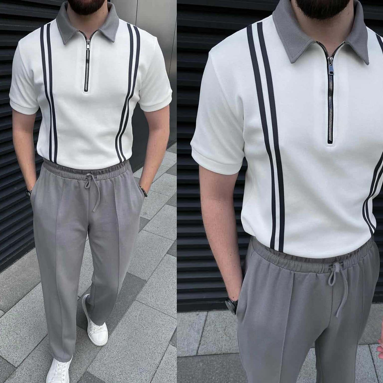 Short-Sleeve Polo Shirt Vertical Stripes Zip-Up Collar Style 2-Pcs Summer Suit. MSTS-01