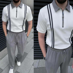 Short-Sleeve Polo Shirt Vertical Stripes Zip-Up Collar Style 2-Pcs Summer Suit. MSTS-01
