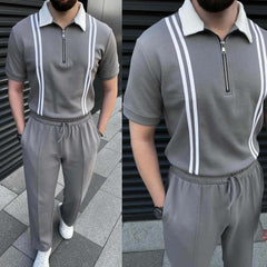 Short-Sleeve Polo Shirt Vertical Stripes Zip-Up Collar Style 2-Pcs Summer Suit. MSTS-01