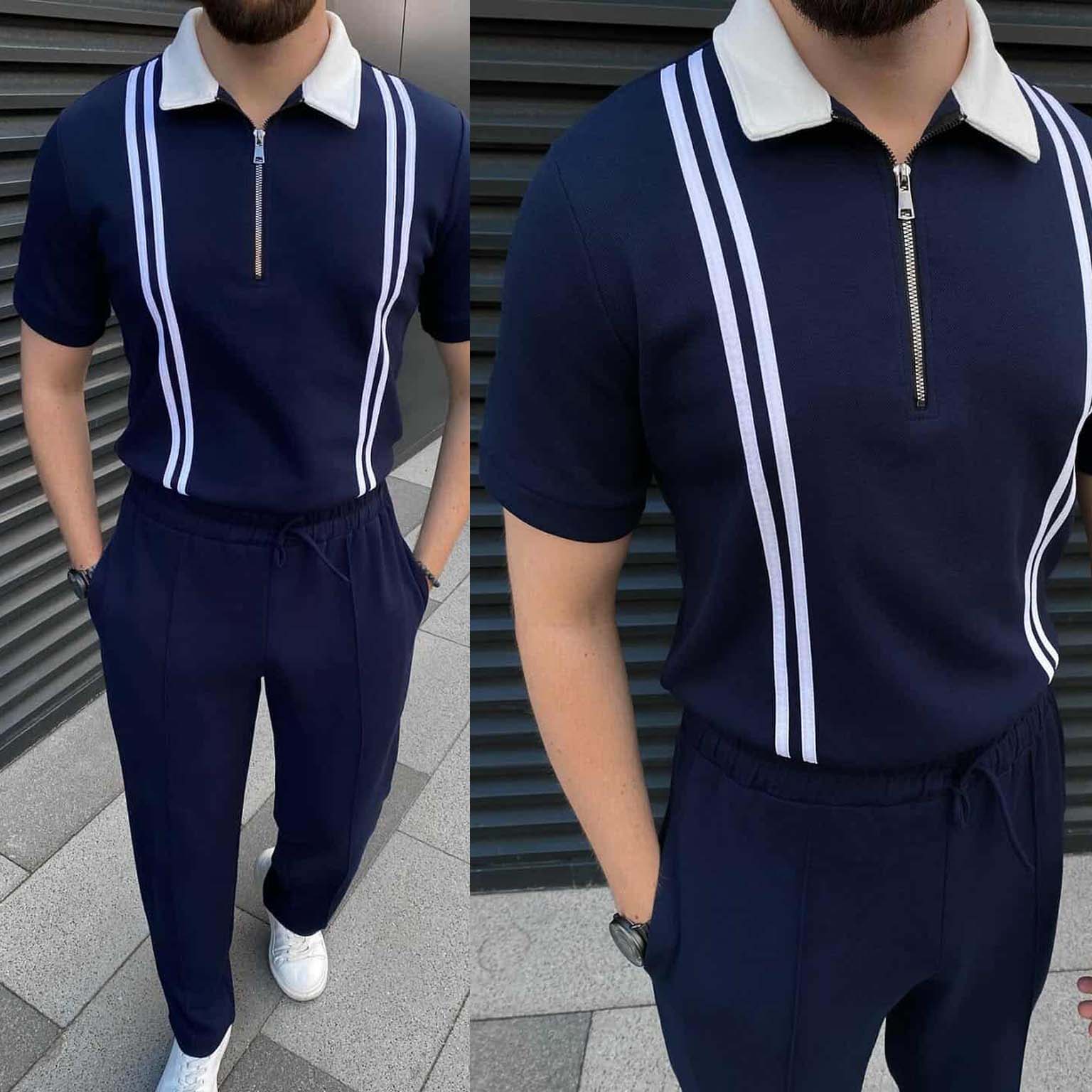 Short-Sleeve Polo Shirt Vertical Stripes Zip-Up Collar Style 2-Pcs Summer Suit. MSTS-01