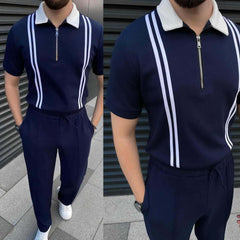 Short-Sleeve Polo Shirt Vertical Stripes Zip-Up Collar Style 2-Pcs Summer Suit. MSTS-01