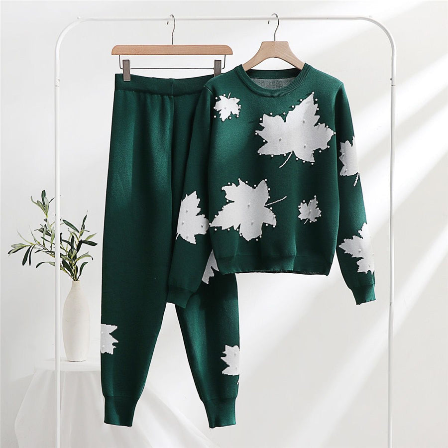 Pearls Work White Leaf Printed Premium Quality Winter 2-Pcs Tracksuit For Her. WWTS-02