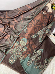 Classic Mocha & Teal Printed 3 Pcs Suit - Eid Collection