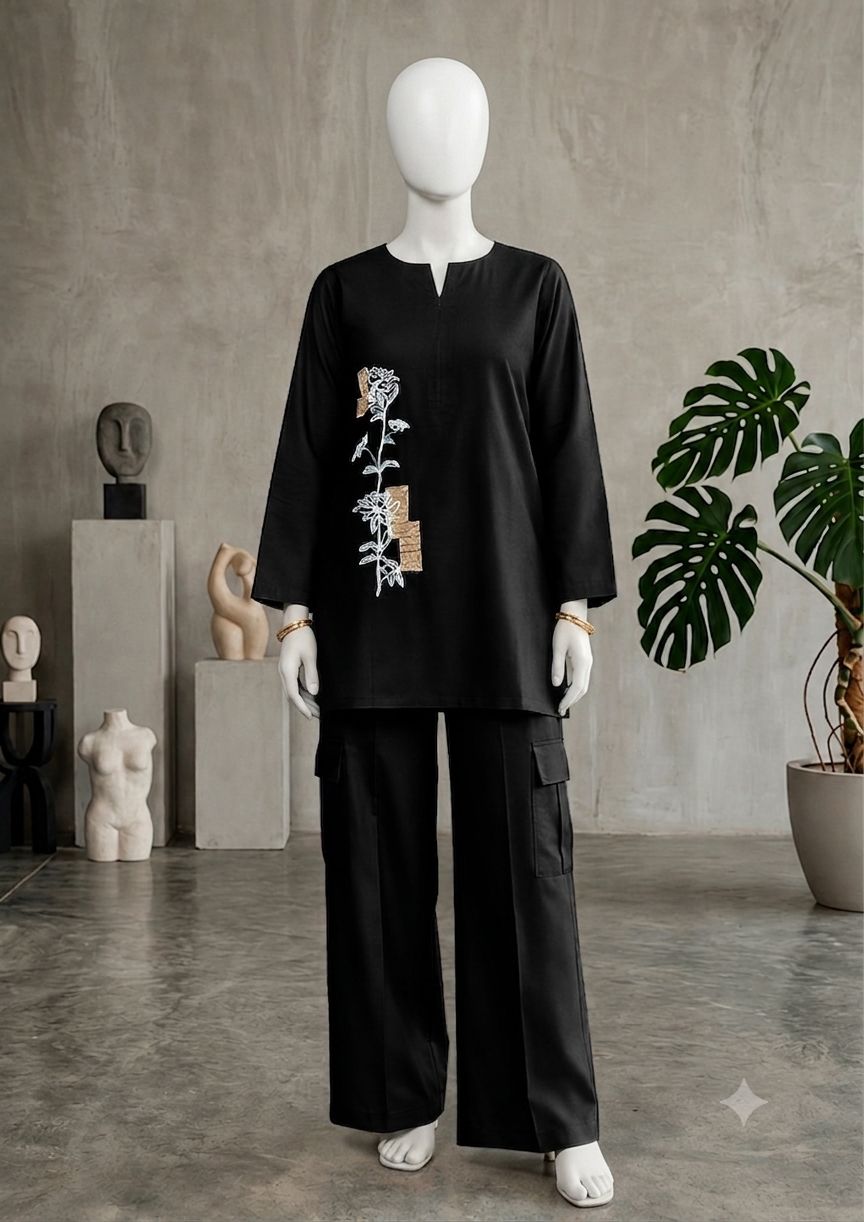 Cotton flex co-ord set with large floral embroidery on the front.
