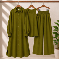 Safina Solid Western Long Shirt & Plazo Style 3-Pcs Stiched Co-Ord Set.