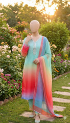 Mint Blue Peach-Imported Crepe Digital 3 Piece Suit-WWF-1113