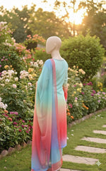 Mint Blue Peach-Imported Crepe Digital 3 Piece Suit-WWF-1113