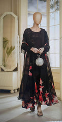 Black Flower Digital Printed Imported Crepe 3 Piece Suit-WWF-1109