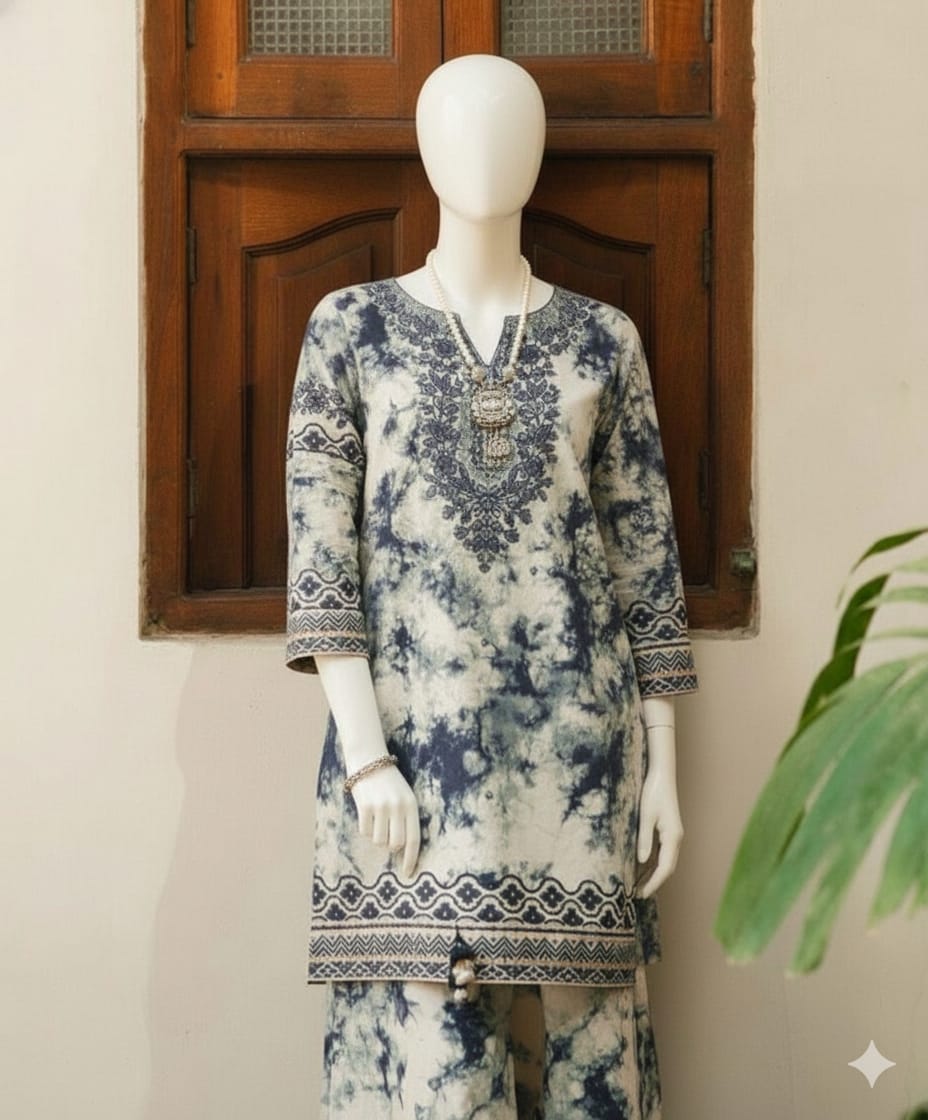 Blue Tie & Dye Digital Printed Imported Crepe 2 Pcs Suit-WWF-1115