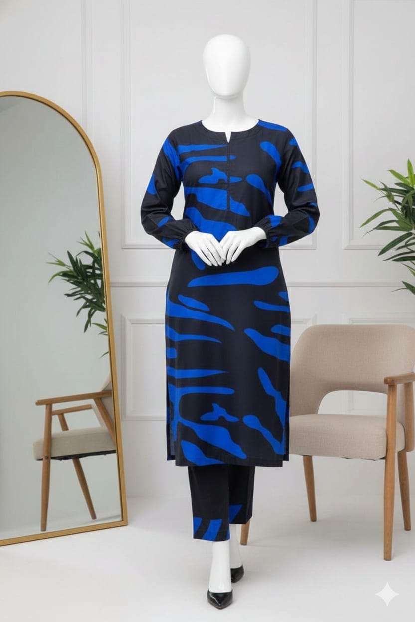 Blue Wave Abstract Digital Printed Imported Crepe 2 Pcs Suit-WWF-1117