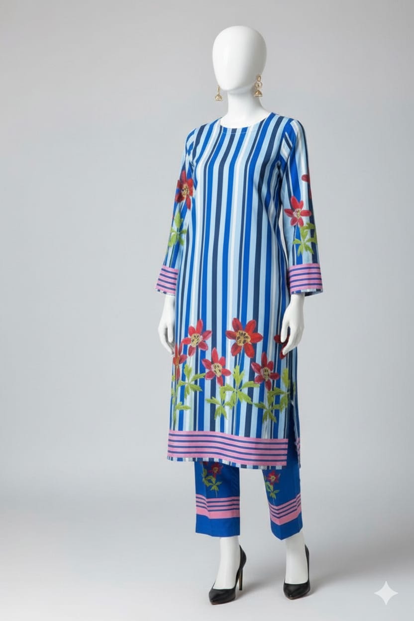 Blue Stripes Flower Printed Imported Crepe 2 Pcs Suit-WWF-1123