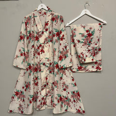 Cream Floral Printed Long Shirt 2pcs Stitched Suit