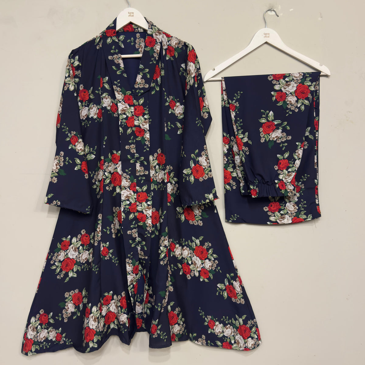 Navy Blue Floral Printed Long Shirt 2pcs Stitched Suit