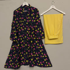Yellow Flower Printed Long Shirt 2pcs Stitched Suit