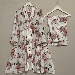 White Floral Printed Long Shirt 2pcs Stitched Suit