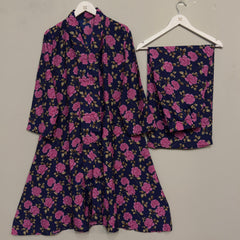 Purple Floral Printed Long Shirt 2pcs Stitched Suit