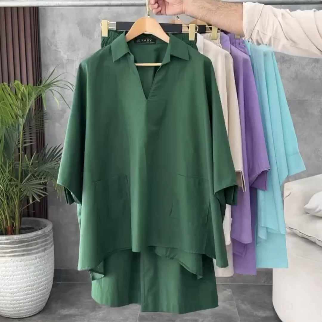 Batwing V-Collar Style Turkish Lawn 2-Pcs Stiched Co-Ord Set.