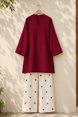 Heart Printed Flapper With V-Neck Short Style Shirt 2-Pcs Stitch Suit.