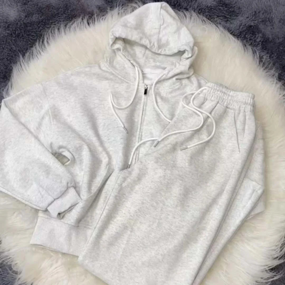 Grey Simple Hooded Zipper Style 2-Pcs Winter Tracksuit. D-12