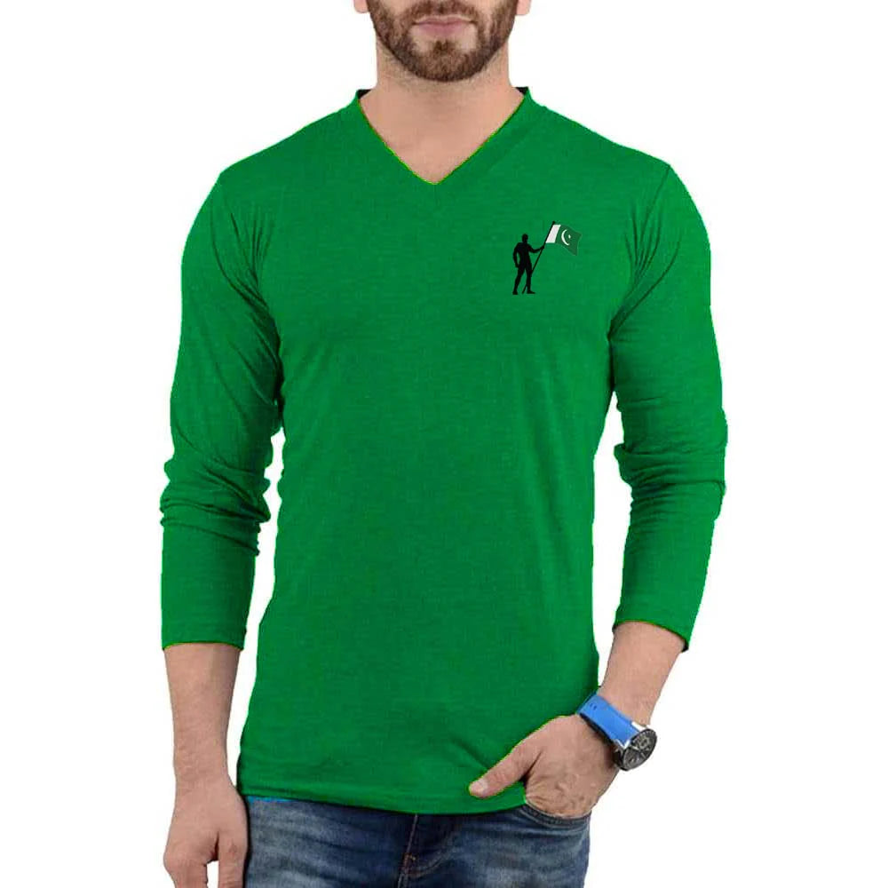 Green V-Neck F-Sleeve Man-Holding Logo Printed 14-August Tshirt.