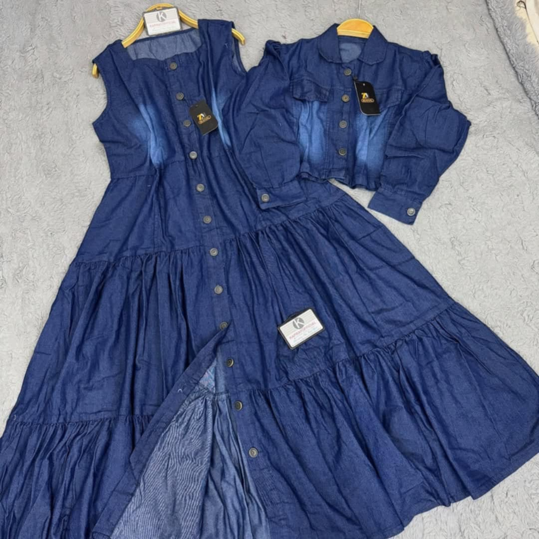 Jacket & Patch-Work Long Maxi Style Denim 2-Pcs Winter Suit.