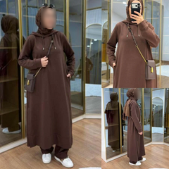 Long Pull-Over Hooded Abaya Style 2-Pcs Winter Suit. WWTS-51