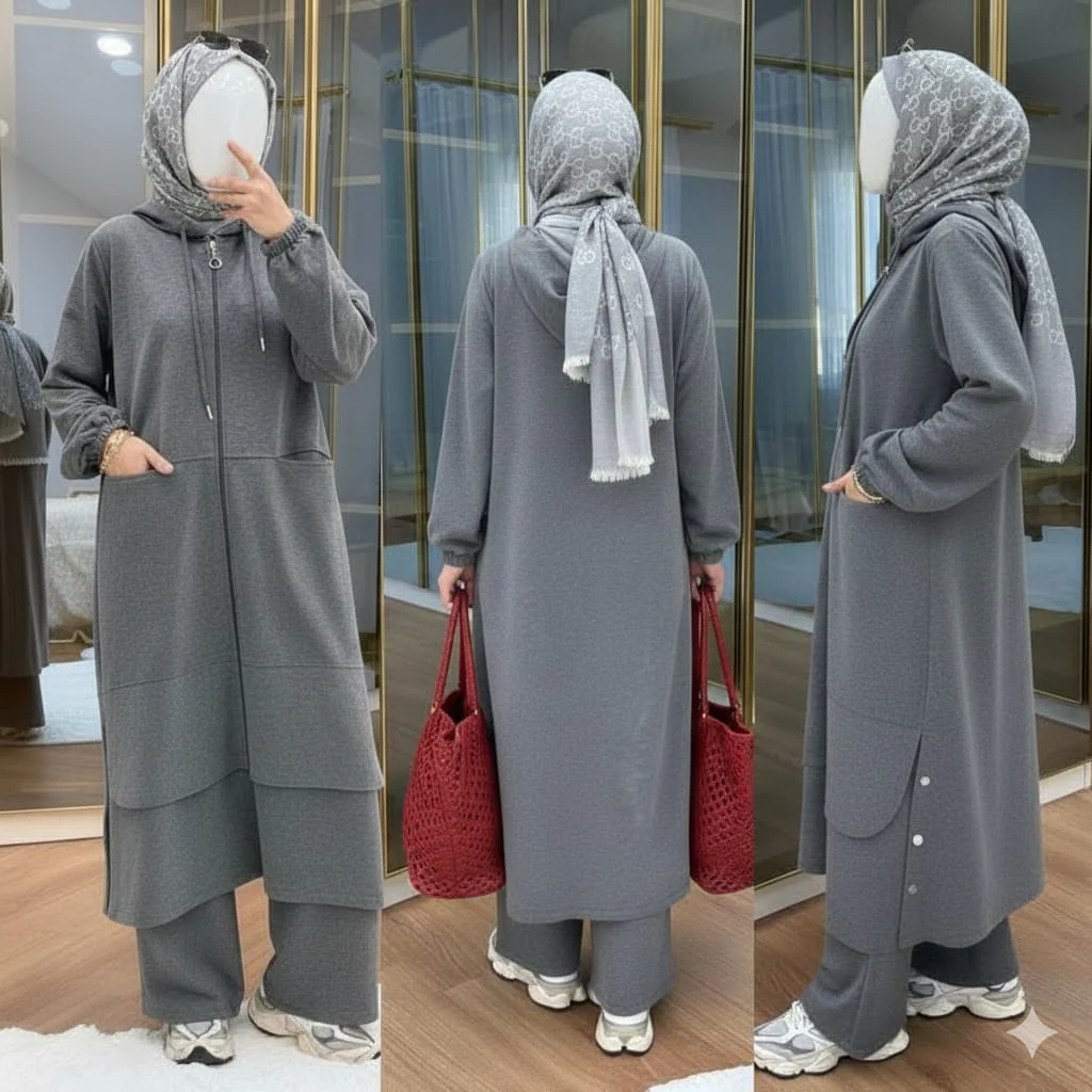 Long Zipper Baggy-Pocket Hooded Abaya Style 2-Pcs Winter Suit. WWTS-54