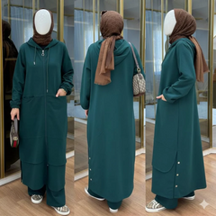 Long Zipper Baggy-Pocket Hooded Abaya Style 2-Pcs Winter Suit. WWTS-54