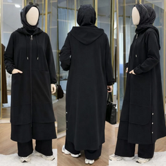 Long Zipper Baggy-Pocket Hooded Abaya Style 2-Pcs Winter Suit. WWTS-54