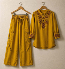 Cotton Embroidered Western Shirt & Cargo Style 2-Pcs Stiched Co-Ord Set. KC-05