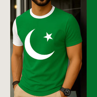 Green Contrast Neck Style CT Big Printed R-Neck Half Sleeve Azadi Tshirt. D-49